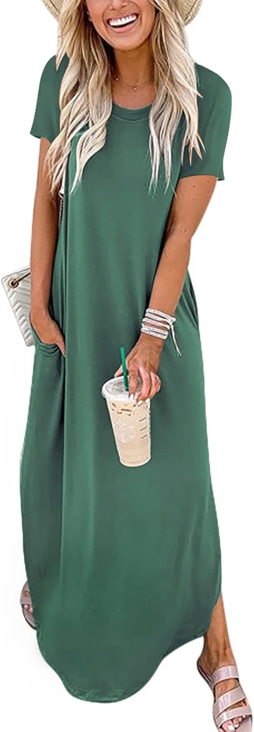 ANRABESS Women's Summer Casual Loose Short Sleeve Long T Shirt Dress Split Maxi Beach Sundress Travel Vacation Outfits