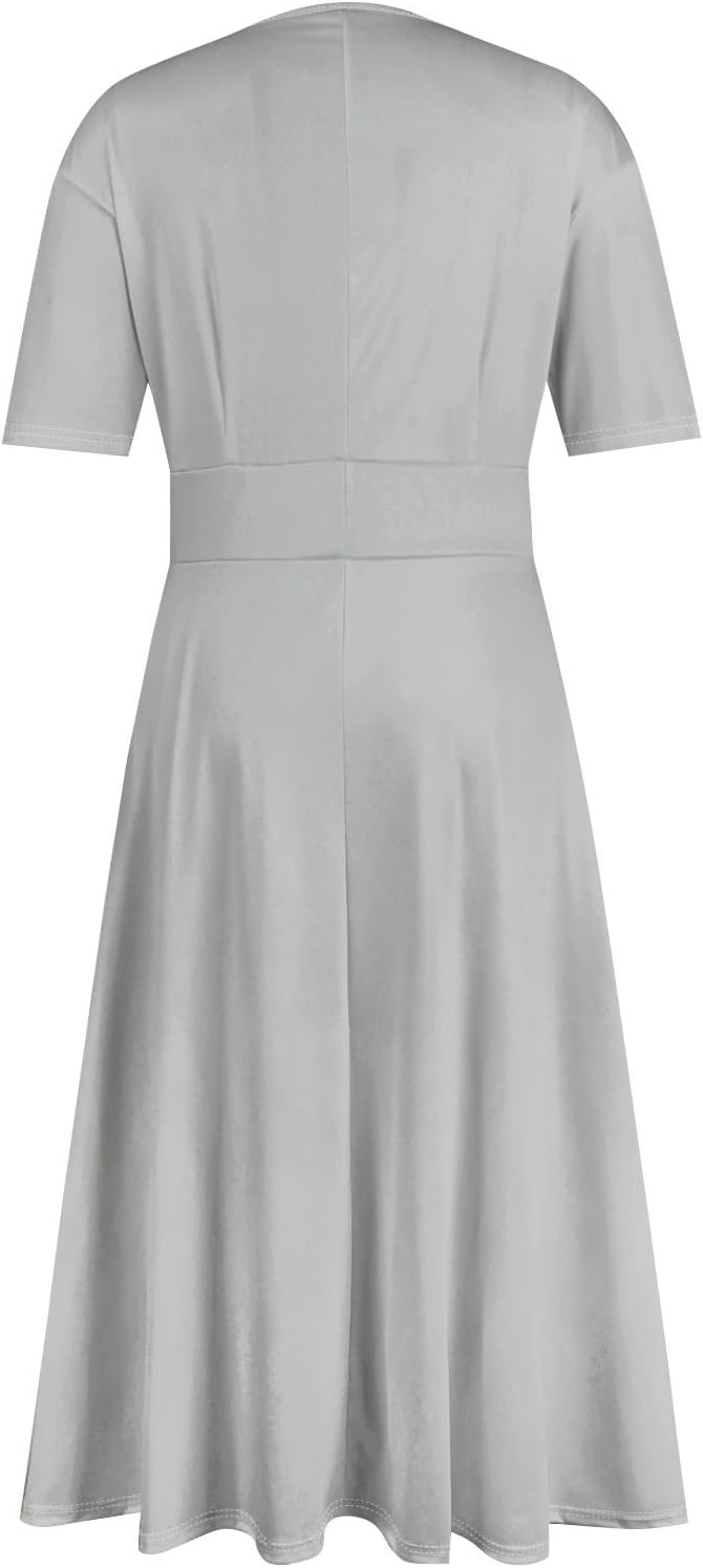 Women's Summer Elegant Cocktail Dress Solid Color Swing V-Neck Party Gown Dresses, S-2XL