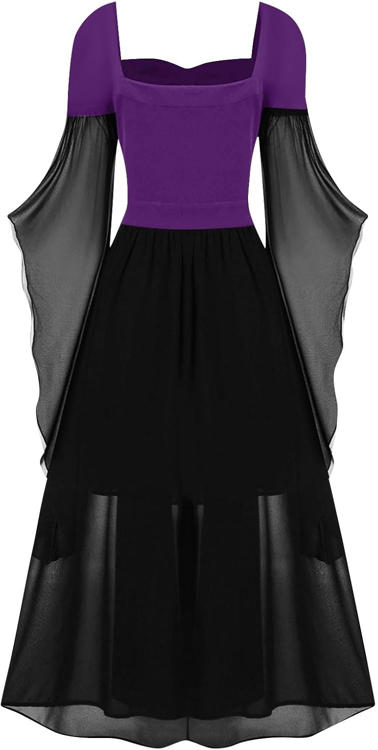 Women Casual Cold Shoulder Dress Solid Color Lace Butterfly Sleeve Halloween Retro Cocktail Party Gothic Prom Dress