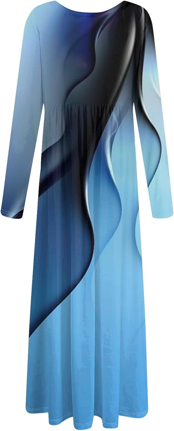 Long Sleeve Maxi Dress for Women Elegant Crew Neck Flowy Swing Dresses Solid Color Wedding Guest Dresses