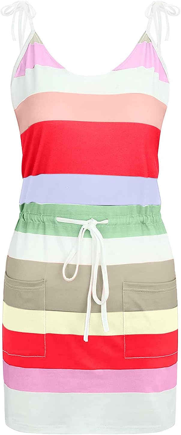 Women Summer Casual Striped Dress Drawstring Waist Tie Knot Mini Dresses Short Sleeve V Neck Tank Dress with Pocket