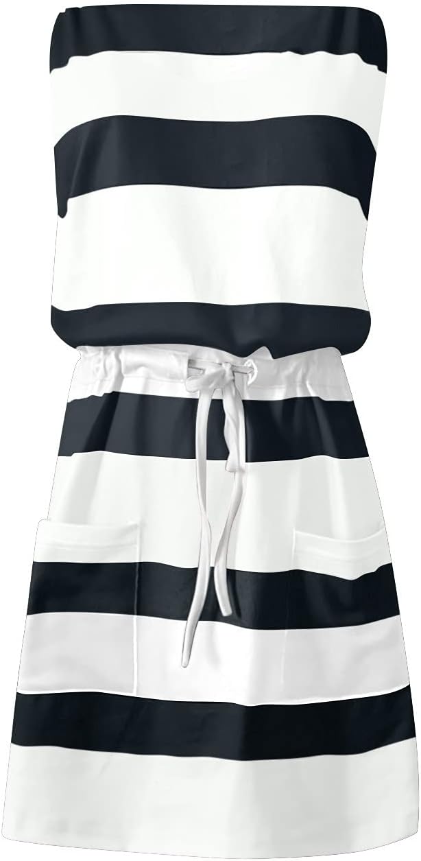 Women Summer Casual Striped Dress Drawstring Waist Tie Knot Mini Dresses Short Sleeve V Neck Tank Dress with Pocket