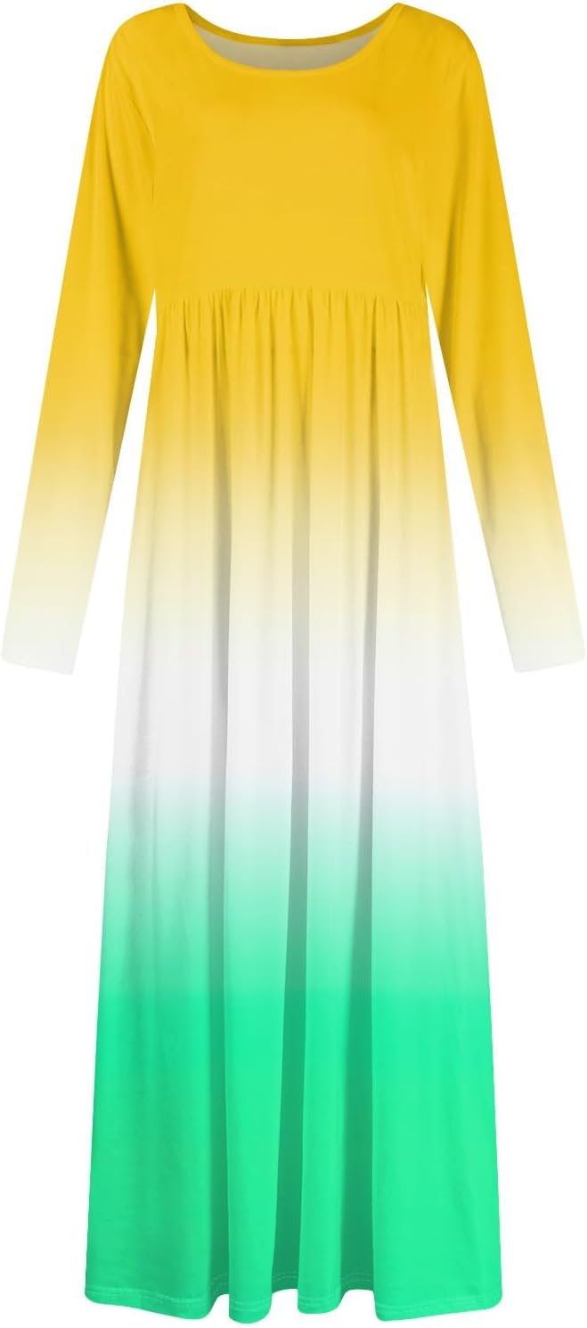 Long Sleeve Maxi Dress for Women Elegant Crew Neck Flowy Swing Dresses Solid Color Wedding Guest Dresses
