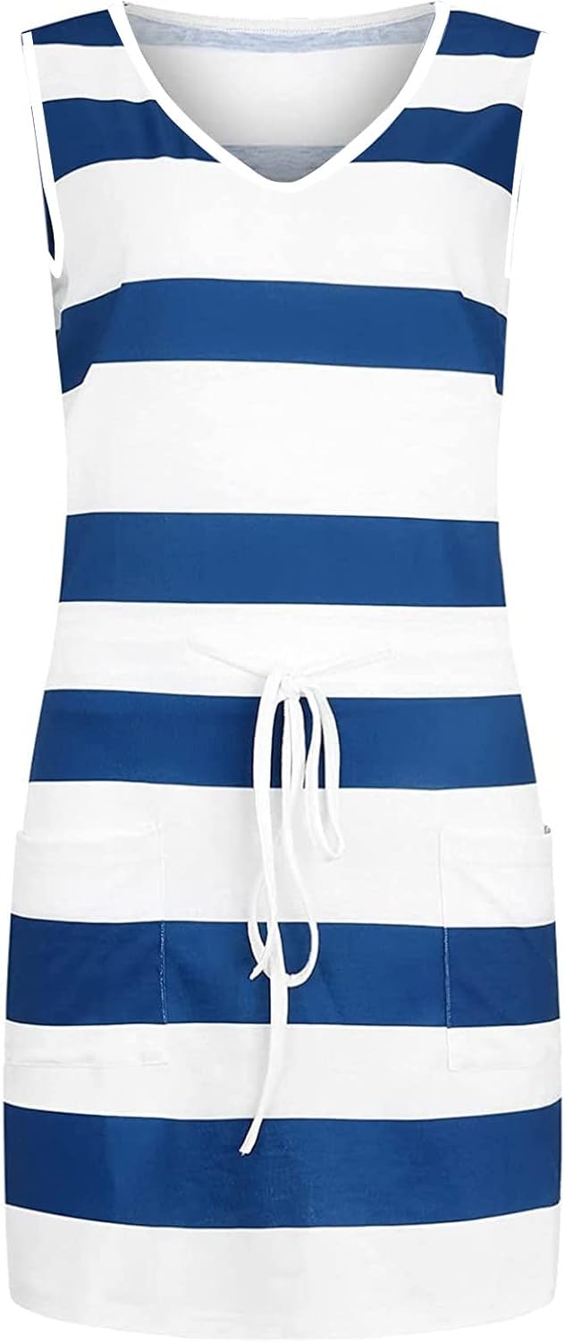 Women Summer Casual Striped Dress Drawstring Waist Tie Knot Mini Dresses Short Sleeve V Neck Tank Dress with Pocket