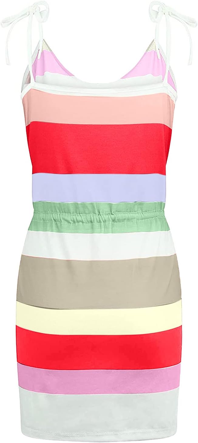 Women Summer Casual Striped Dress Drawstring Waist Tie Knot Mini Dresses Short Sleeve V Neck Tank Dress with Pocket