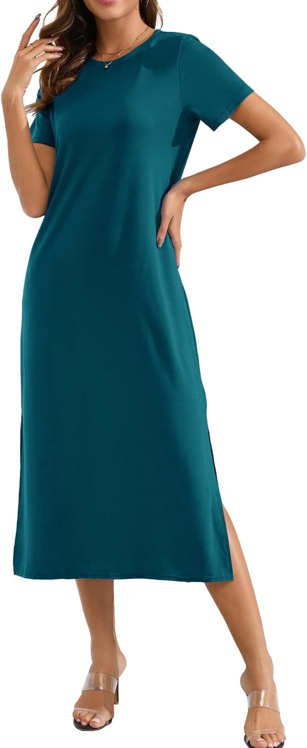Naggoo Women's Short Sleeve Split Maxi Dress Casual Plain Tie Dye Print Tshirt Long Dresses with Pockets