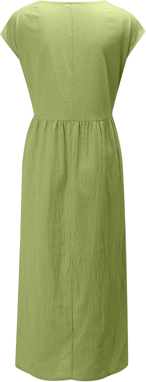 Linen Dresses for Women 2025 Summer Fashion Solid Color Sleeveless Dresses Beach Flowy Maxi Dresses Casual Sundress