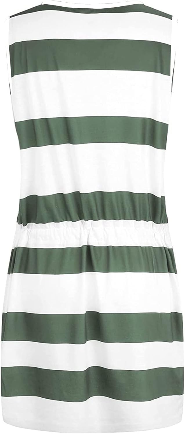 Women Summer Casual Striped Dress Drawstring Waist Tie Knot Mini Dresses Short Sleeve V Neck Tank Dress with Pocket