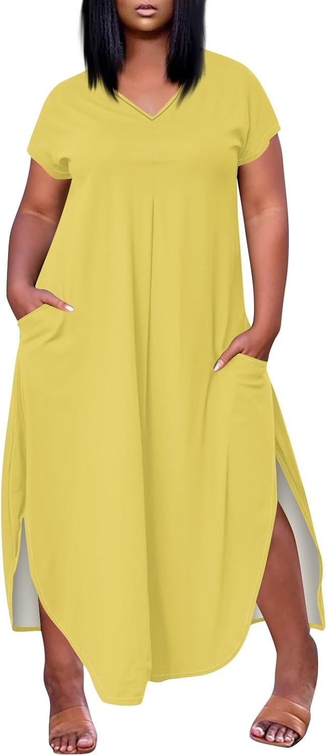 Maxi Dresses for Women 2025 Plus Size Tie Dye V Neck Dress Short Sleeve Side Split Beach Summer Sundress with Pocket