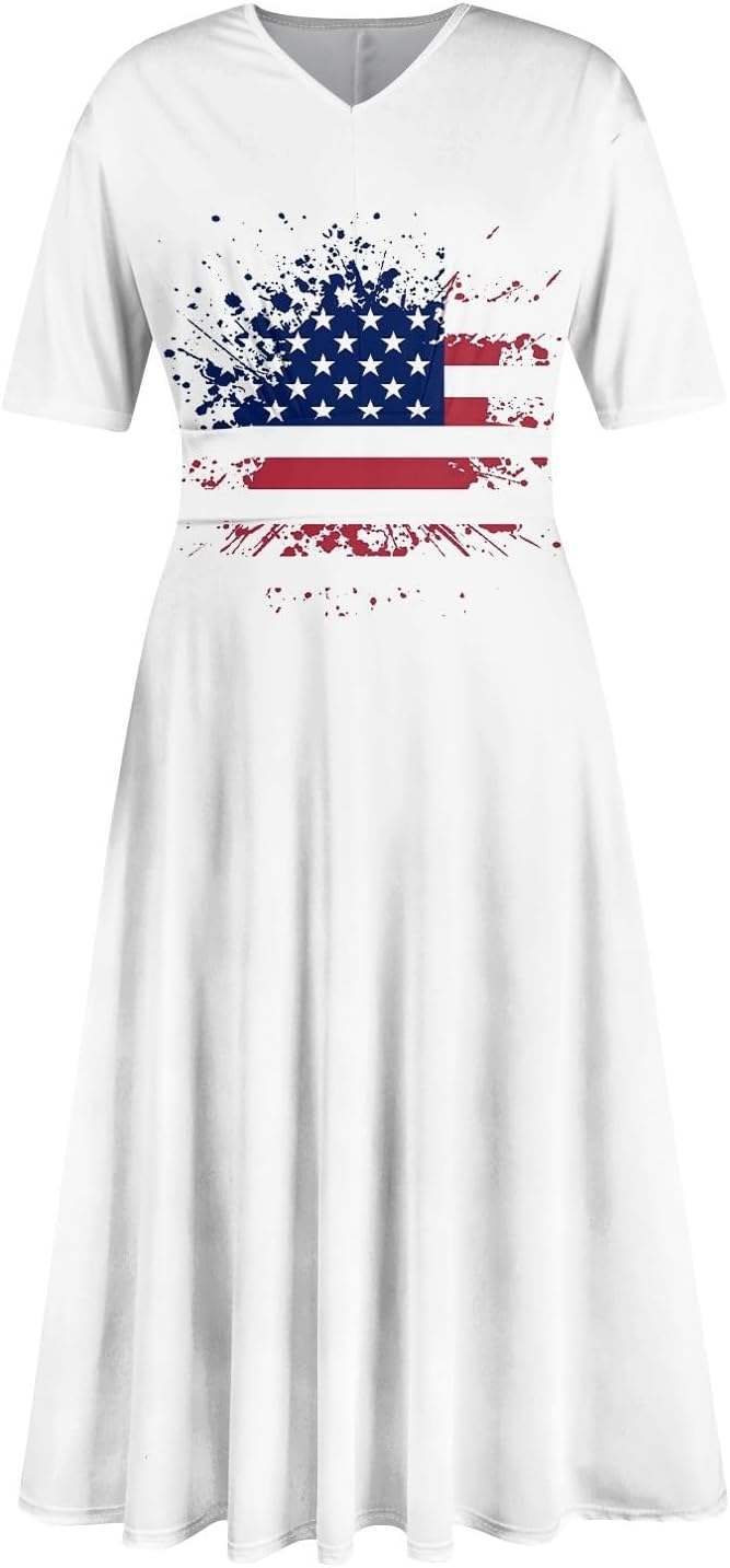 Women's Patriotic Star Print Midi Short Sleeve V-Neck Casual A-Line Dress for Summer Parties & Events