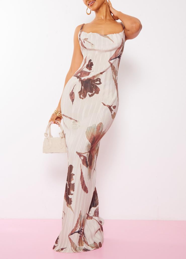 Cowl Neck Dress Sexy Strap Shoulder Pleated Maxi Dresses Summer Wedding Guest Dresses for Women