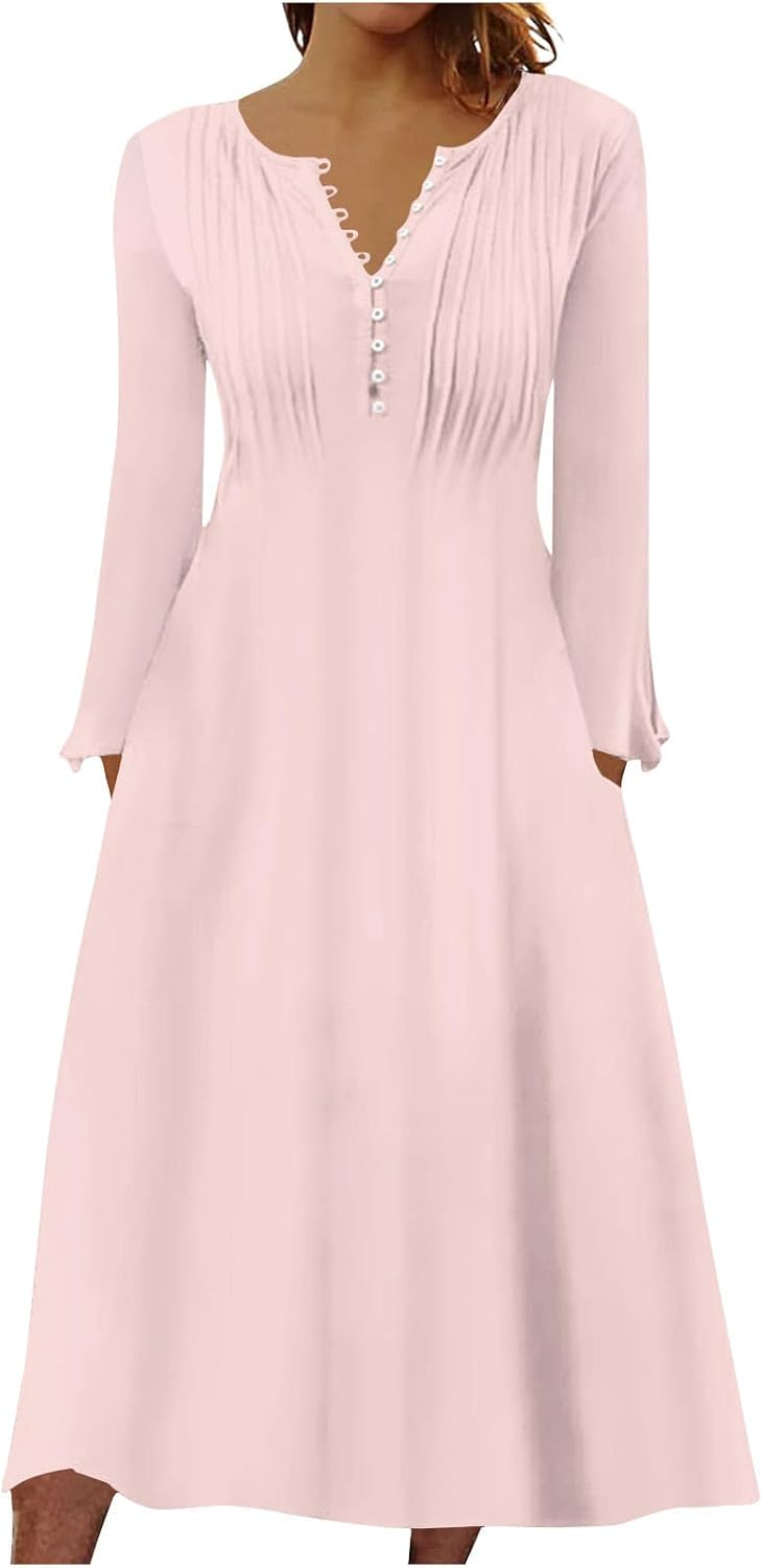DOPOCQ Fall Women Dresses 2023 Long Sleeve V Neck Plus Size Maxi Dress Boho Dress High Waisted A-Line Dress with Pocket
