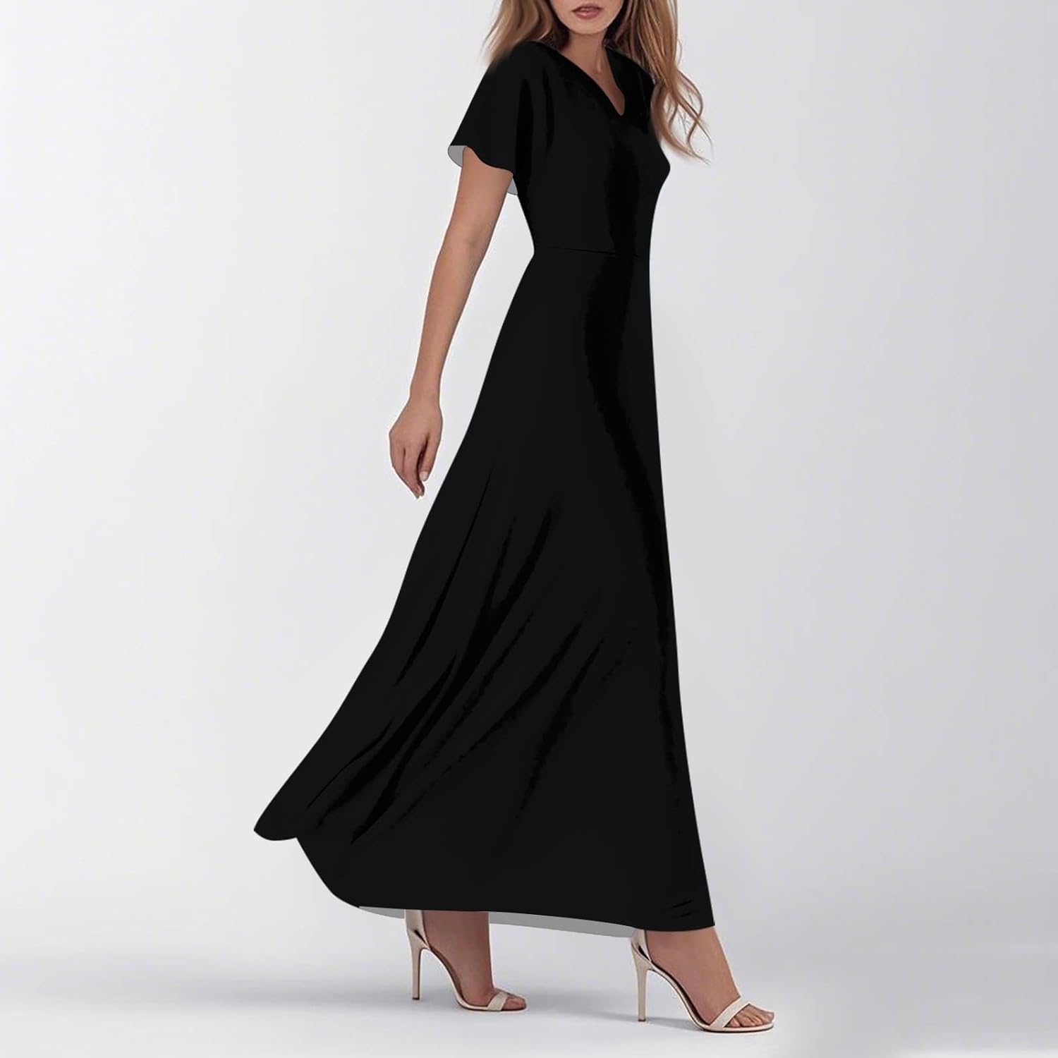 Womens Fashion V Neck Ruffle Short Sleeve Maxi Dress 2025 Summer Elegant Solid Color Flowy A Line Dresses