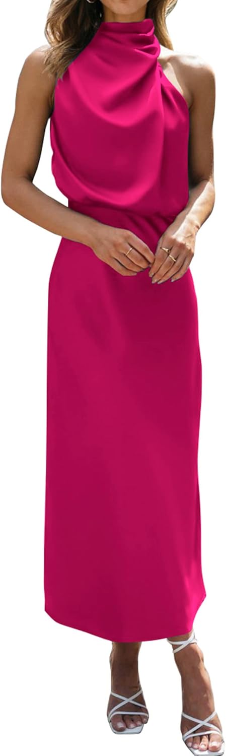 BTFBM Womens Sleeveless Cocktail Dresses Mock Neck Keyhole Elastic High Waist Evening Party Maxi Wedding Guest Dress