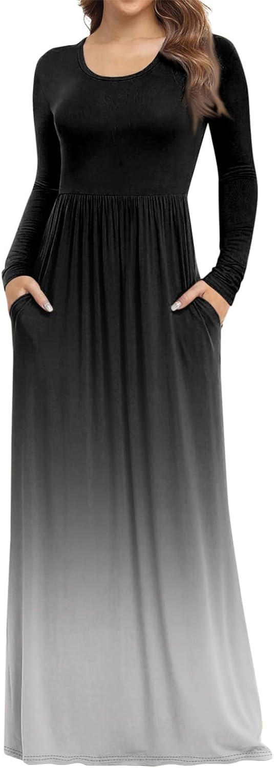 Long Sleeve Maxi Dress for Women Elegant Crew Neck Flowy Swing Dresses Solid Color Wedding Guest Dresses
