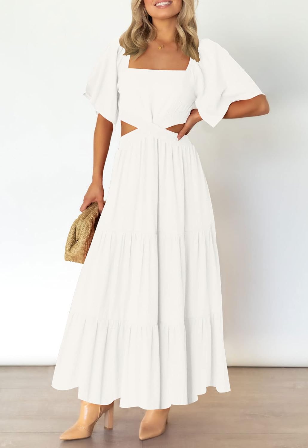 LEANI Women's 2025 Summer Cutout Maxi Dress Square Neck Short Sleeve Crossover Waist Casual Party Dresses
