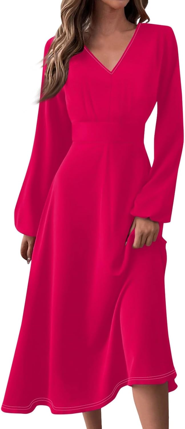 Women's Summer Elegant Cocktail Dress Solid Color Swing V-Neck Party Gown Dresses, S-2XL