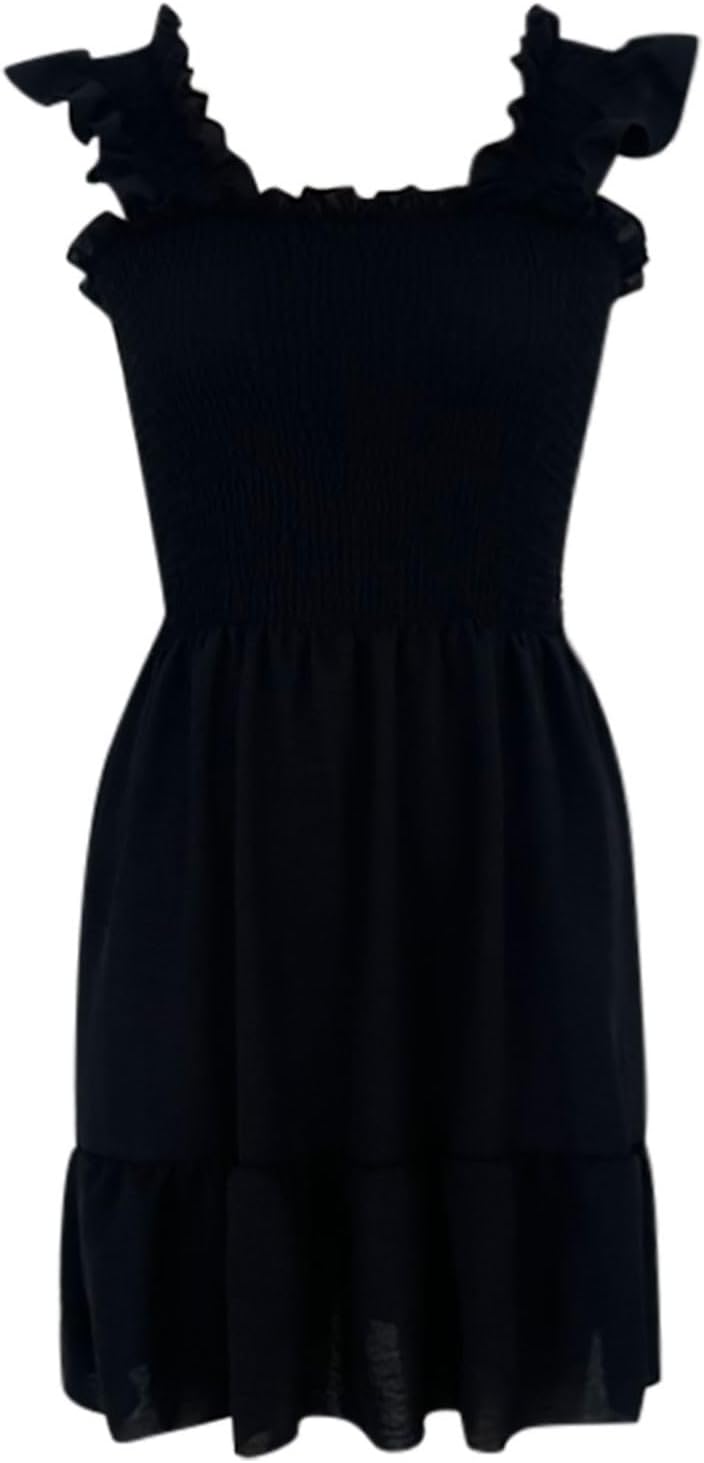 Women Summer Casual Sleeveless Square Neck Smocked Ruffle Backless Boho Mini Dress Flowy Beach Cute Swing Dress