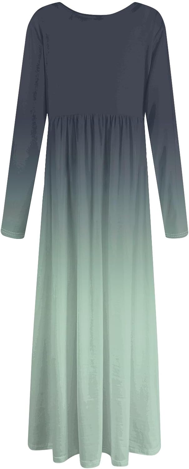 Long Sleeve Maxi Dress for Women Elegant Crew Neck Flowy Swing Dresses Solid Color Wedding Guest Dresses