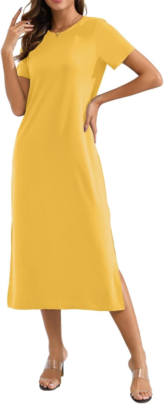 Naggoo Women's Short Sleeve Split Maxi Dress Casual Plain Tie Dye Print Tshirt Long Dresses with Pockets
