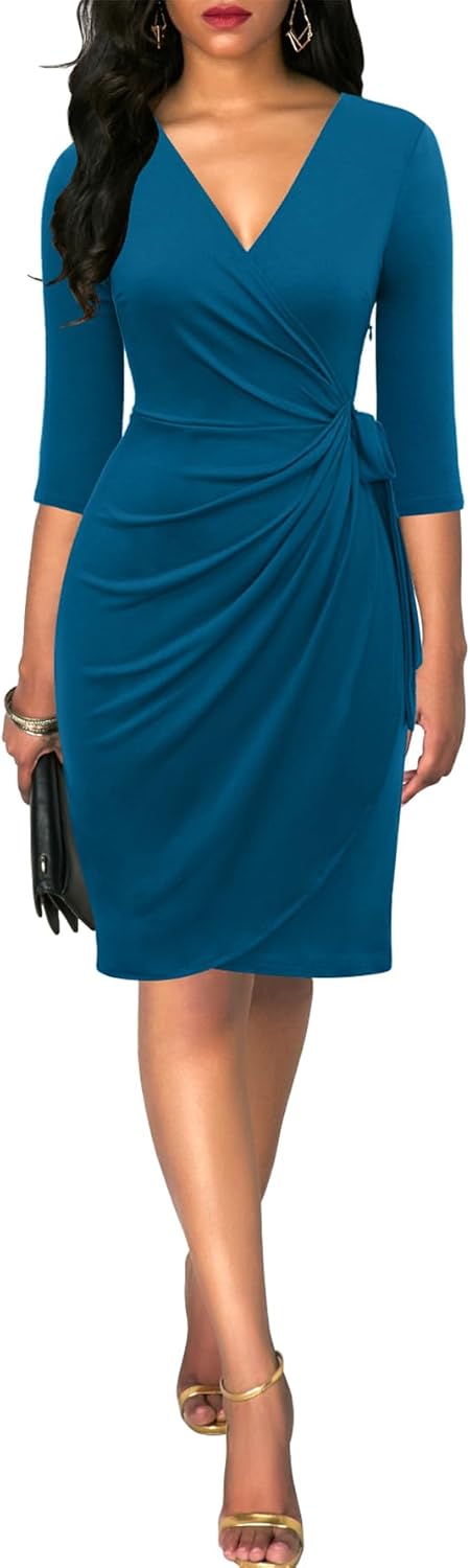 Berydress Women's Classic 3/4 Sleeve V Neck Sheath Casual Party Work Faux Black Wrap Dress