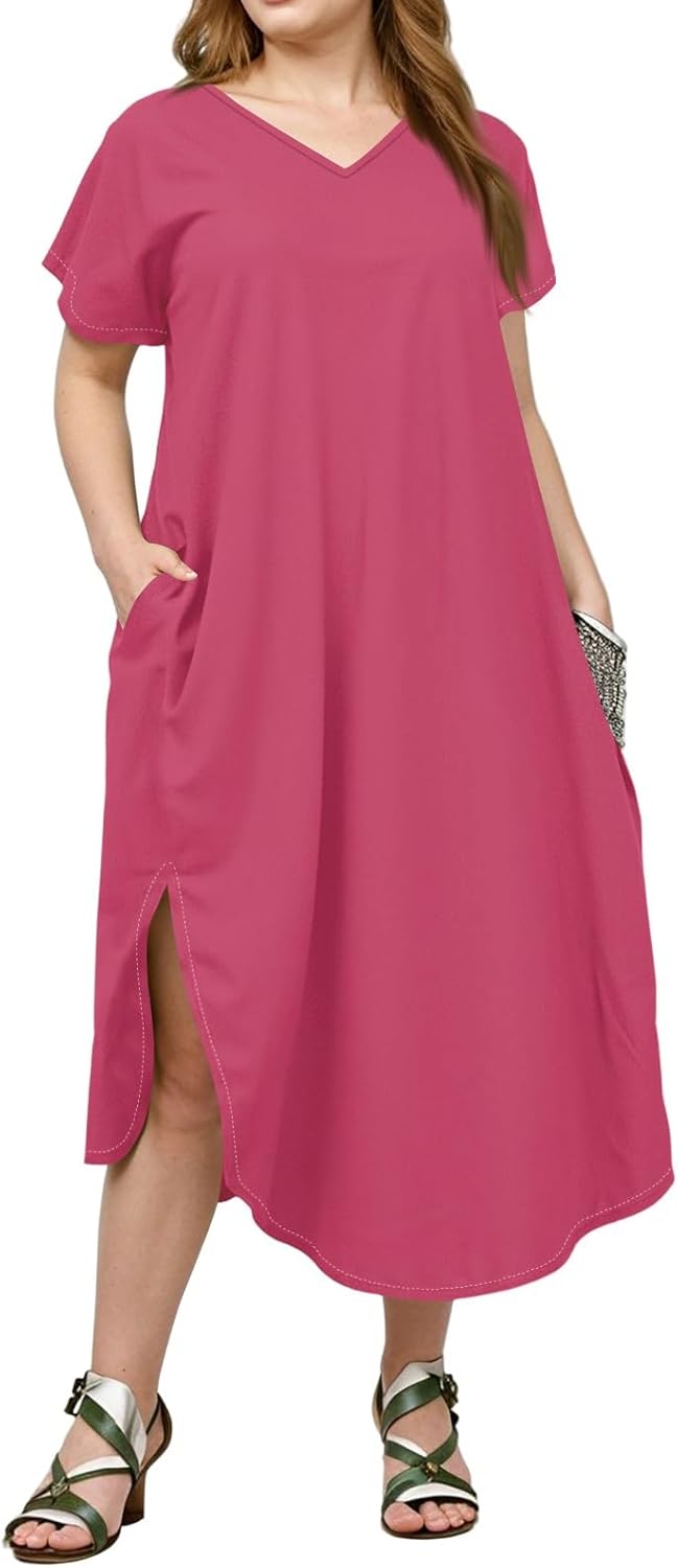 Maxi Dresses for Women 2025 Plus Size Tie Dye V Neck Dress Short Sleeve Side Split Beach Summer Sundress with Pocket