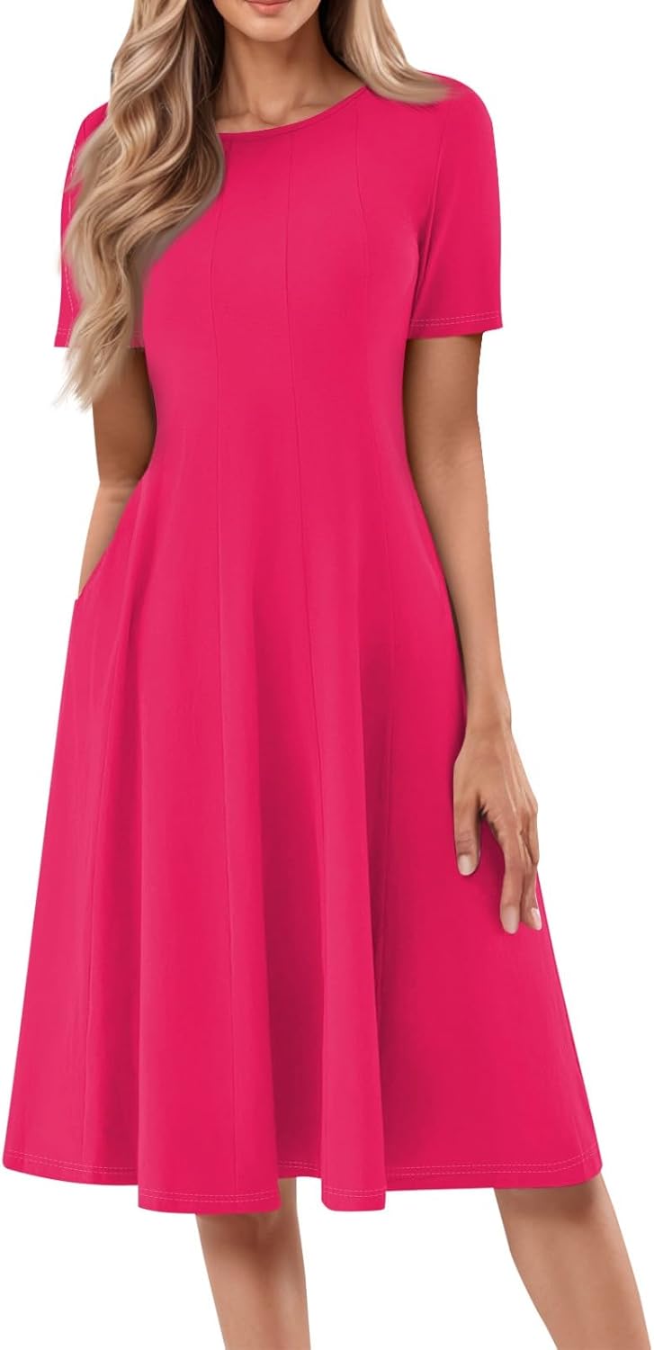 Summer Dresses for Women 2025 Crew Neck Short Sleeve Boho Beach Vacation Floral/Solid Midi Sundresses with Pockets