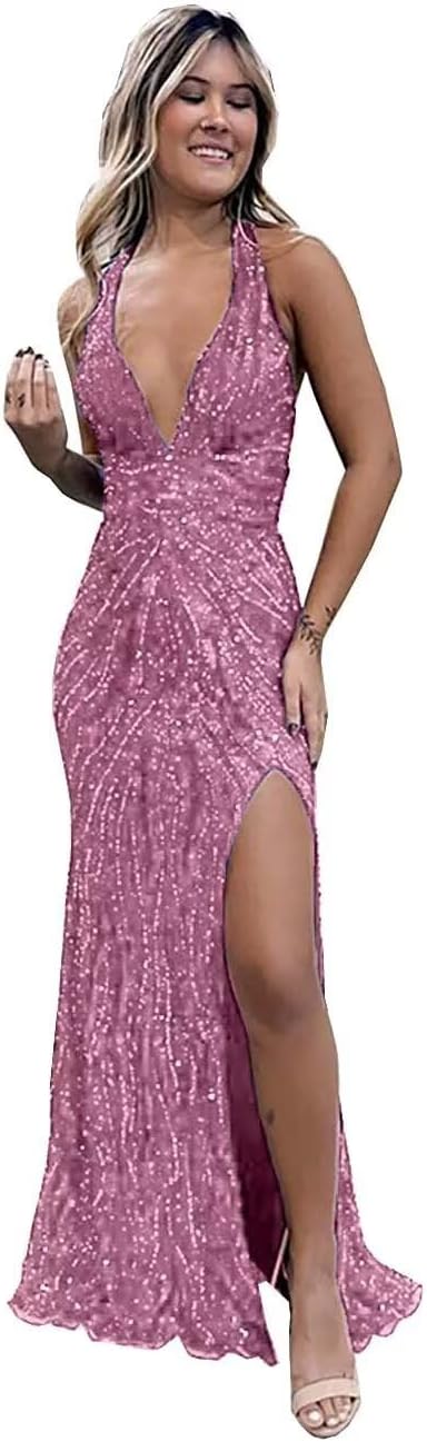 Beaded Evening Gown Deep V-Neck Mermaid Prom Dresses High Split Halter Formal Dress Sleeveless Bodycon Trumpet JS0011