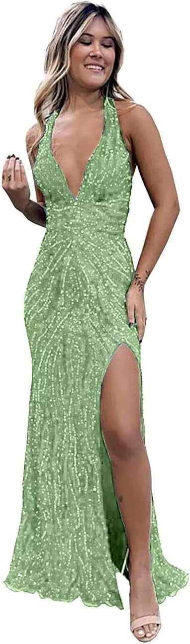 Beaded Evening Gown Deep V-Neck Mermaid Prom Dresses High Split Halter Formal Dress Sleeveless Bodycon Trumpet JS0011