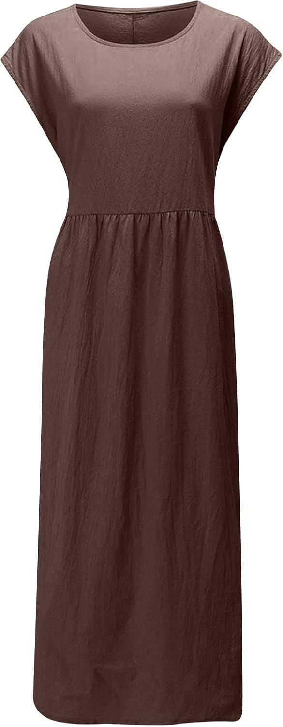 Linen Dresses for Women 2025 Summer Fashion Solid Color Sleeveless Dresses Beach Flowy Maxi Dresses Casual Sundress