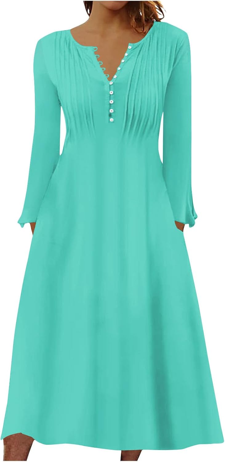 DOPOCQ Fall Women Dresses 2023 Long Sleeve V Neck Plus Size Maxi Dress Boho Dress High Waisted A-Line Dress with Pocket