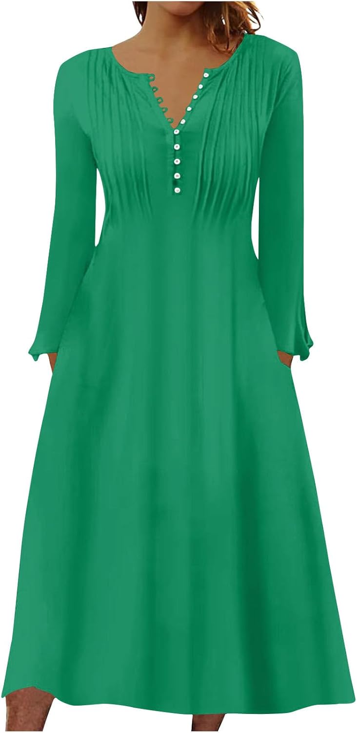 DOPOCQ Fall Women Dresses 2023 Long Sleeve V Neck Plus Size Maxi Dress Boho Dress High Waisted A-Line Dress with Pocket