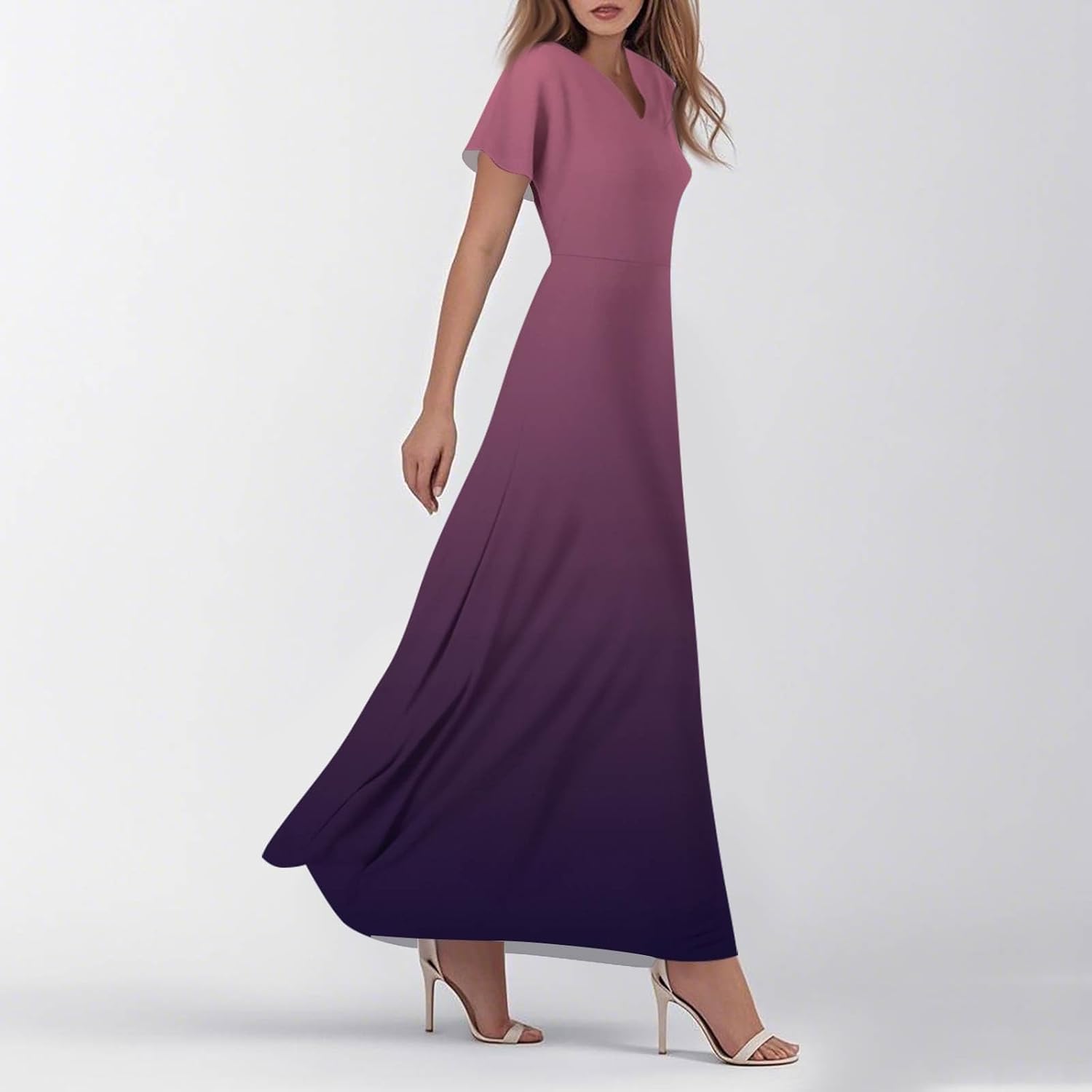Womens Fashion V Neck Ruffle Short Sleeve Maxi Dress 2025 Summer Elegant Solid Color Flowy A Line Dresses