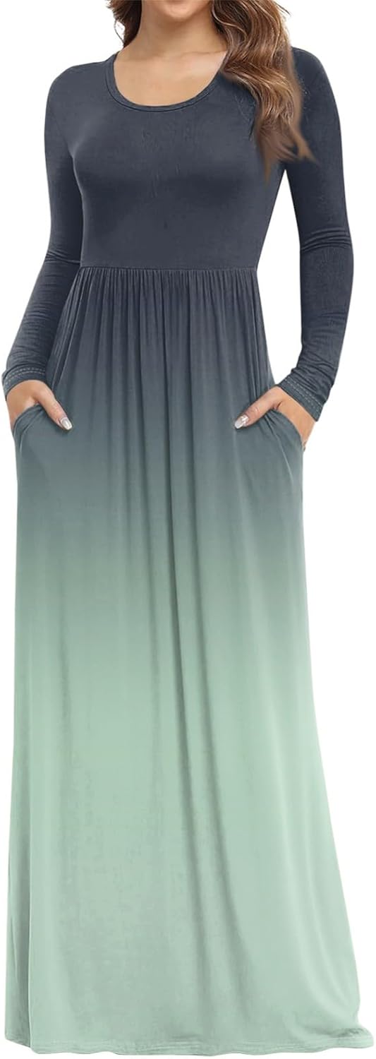 Long Sleeve Maxi Dress for Women Elegant Crew Neck Flowy Swing Dresses Solid Color Wedding Guest Dresses