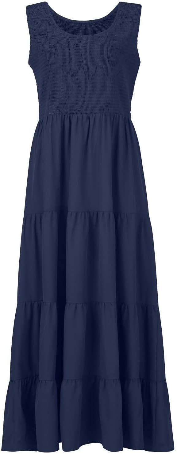 Women Summer Sleeveless Dressees Boho Maxi Dress Casual Smocked Square Neck Sundress a Line Beach Wedding Dresses