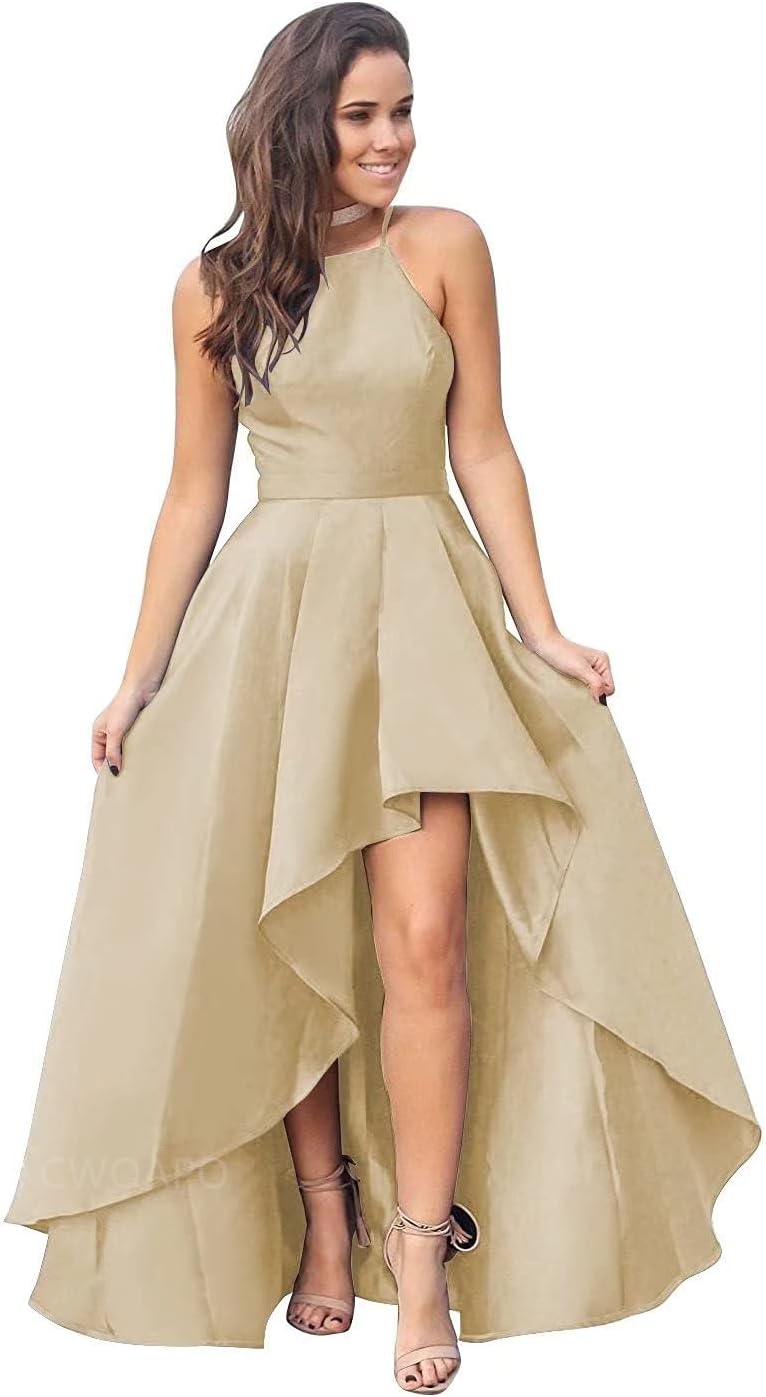 CWOAPO Halter High Low Bridesmaid Dress Evening Dress Satin Homecoming Dresses A Line Cocktail Gowns with Pockets
