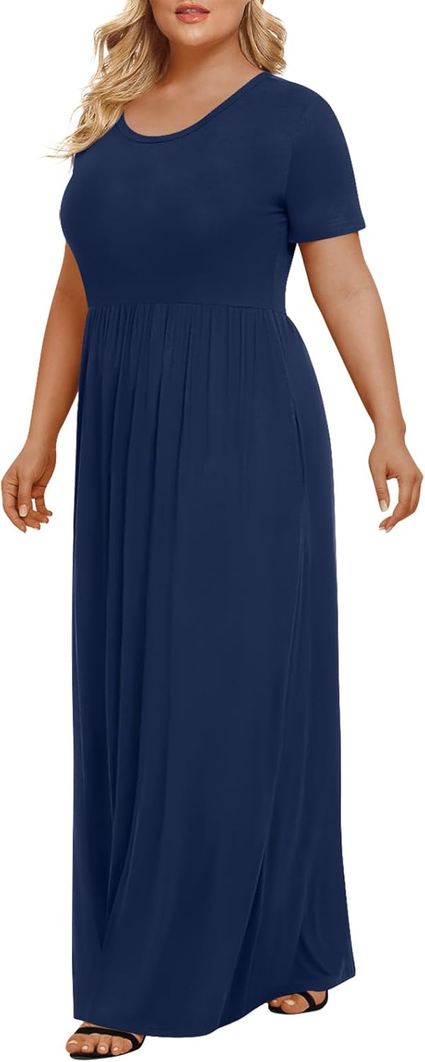 LONGYUAN Women's Plus Size Maxi Dresses for Curvy Women Summer Short Sleeve Casual 2025 Long Dress XL-6XL