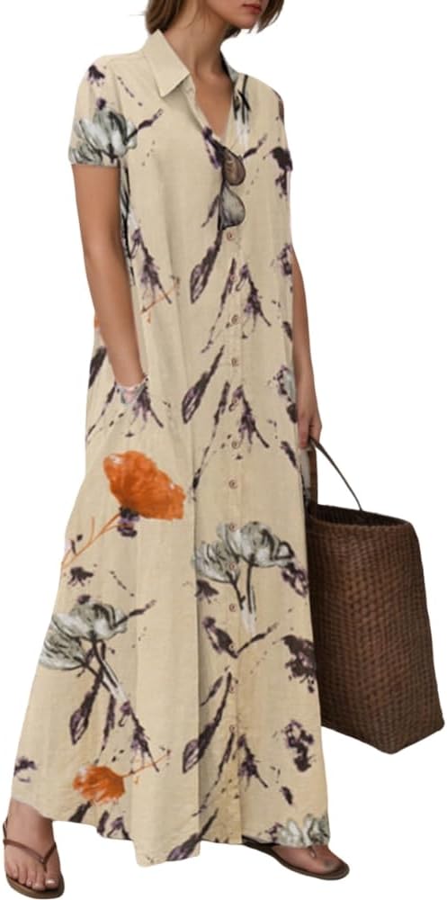 TIAFORD Womens 2025 Trendy Button Down Cotton Linen Maxi Dress Plus Size Short Sleeve Lapel Shirt Dresses with 2 Pockets