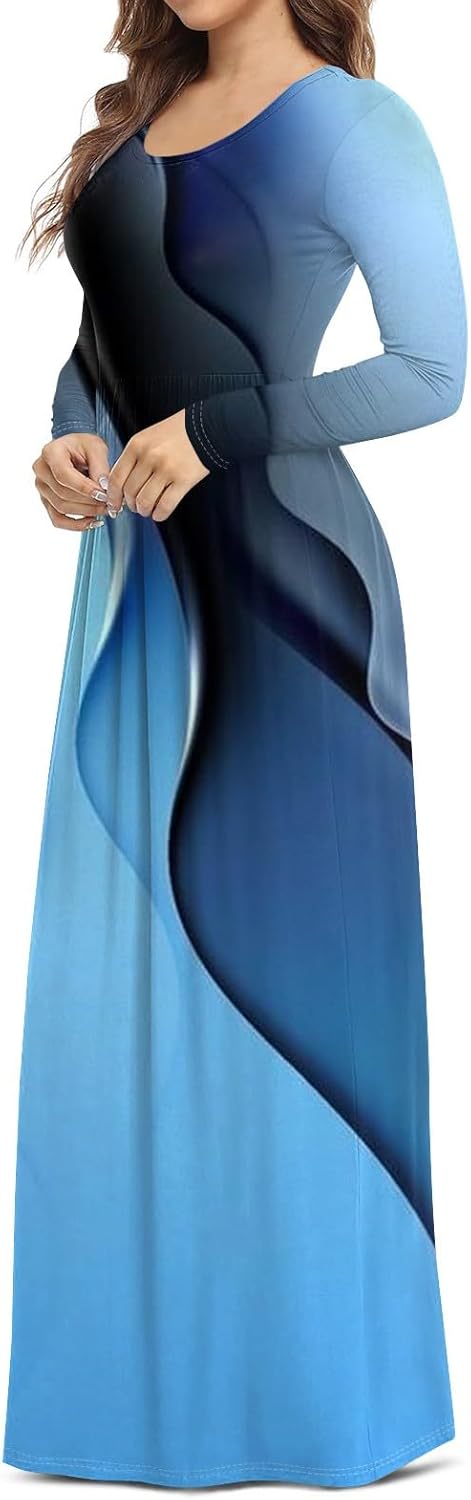 Long Sleeve Maxi Dress for Women Elegant Crew Neck Flowy Swing Dresses Solid Color Wedding Guest Dresses