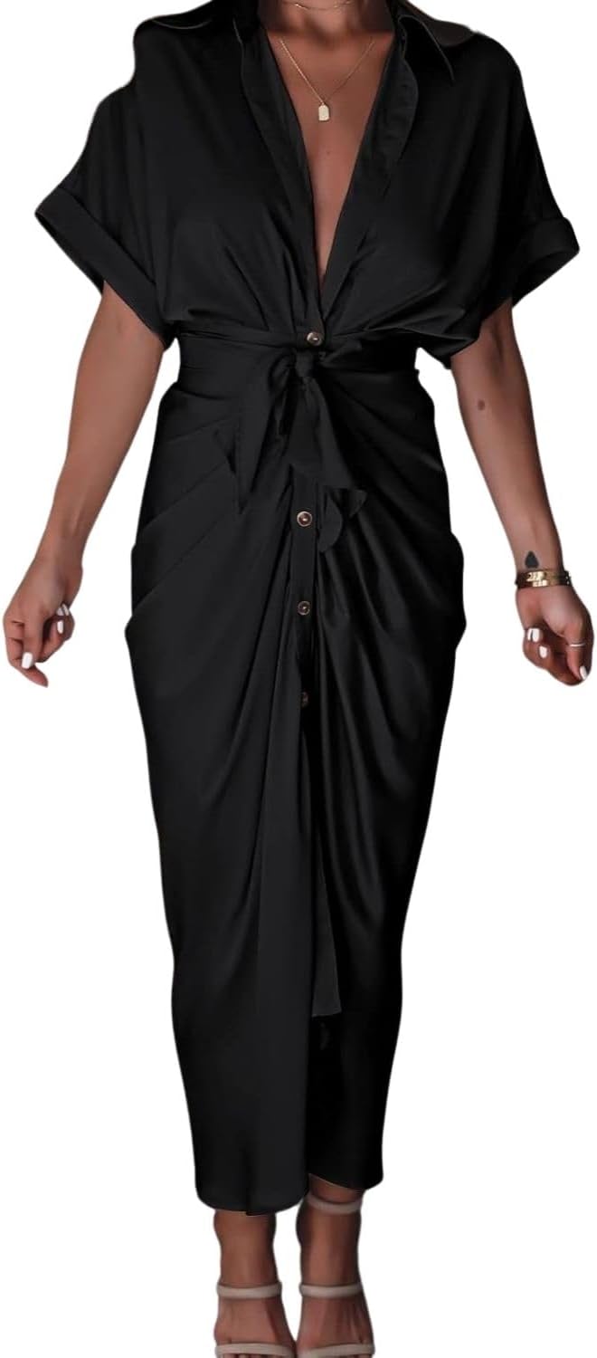 Women's Swing Classic Cute Maxi Ruched Breathable Shirt Dresses Bownot Slim Fitted Dress