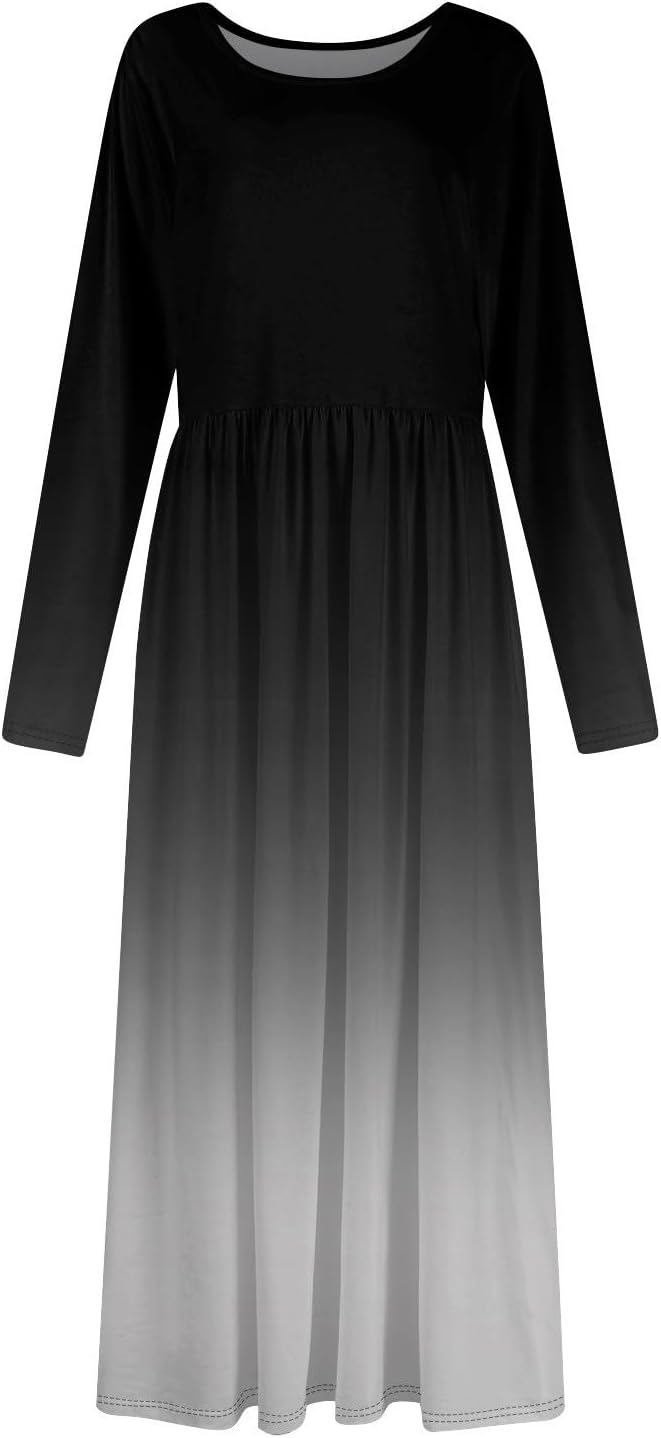 Long Sleeve Maxi Dress for Women Elegant Crew Neck Flowy Swing Dresses Solid Color Wedding Guest Dresses