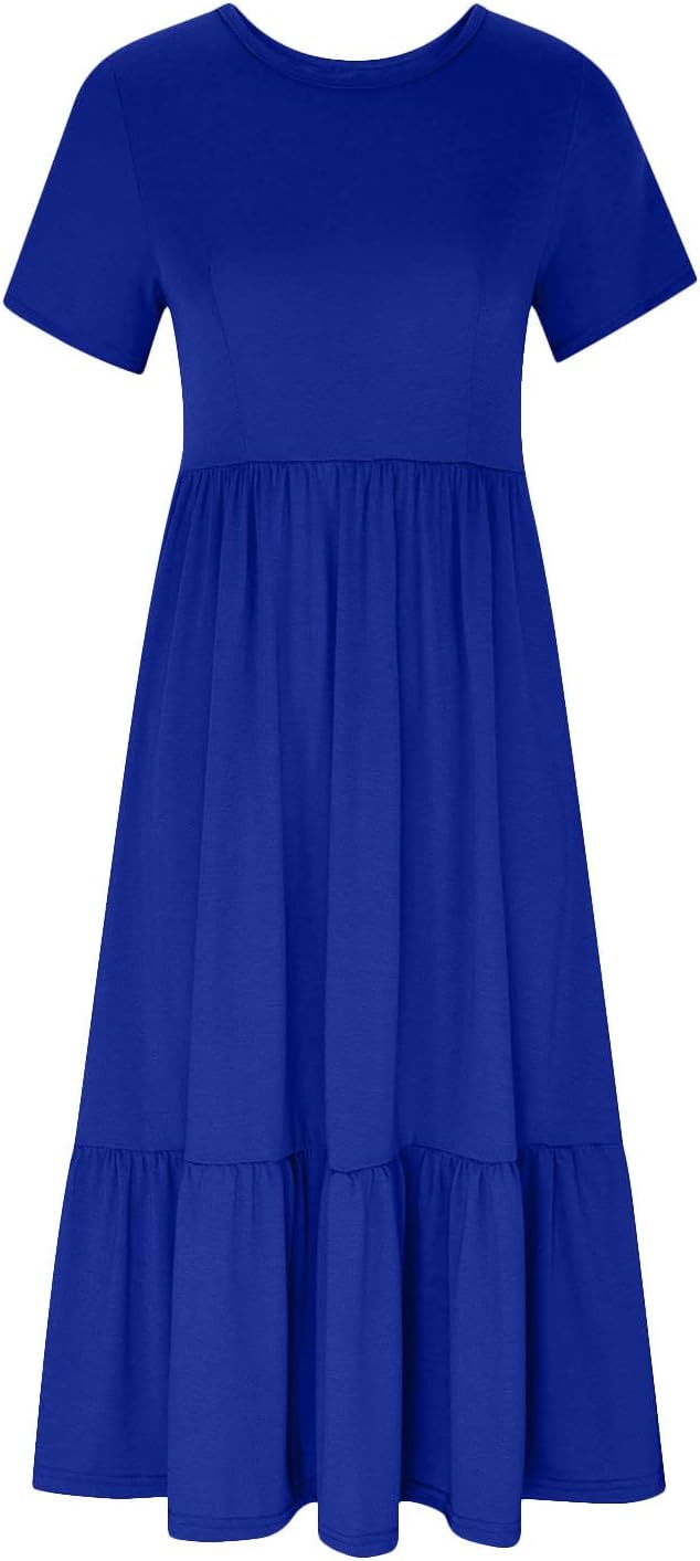 XUNRYAN Summer Dresses for Women 2024 Casual Calf Length Maxi Dress Pleated Flowy Tiered Swing Beach Sundress with Pockets