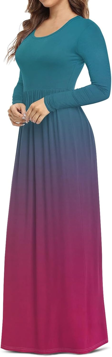 Long Sleeve Maxi Dress for Women Elegant Crew Neck Flowy Swing Dresses Solid Color Wedding Guest Dresses