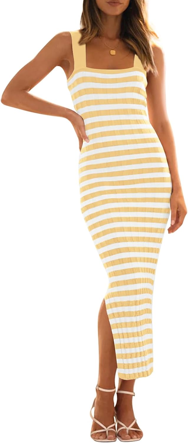 MEROKEETY Women's 2025 Summer Spring Bodycon Midi Dress Vacation Sleeveless Ribbed Knit Striped Party Sweater Dresses