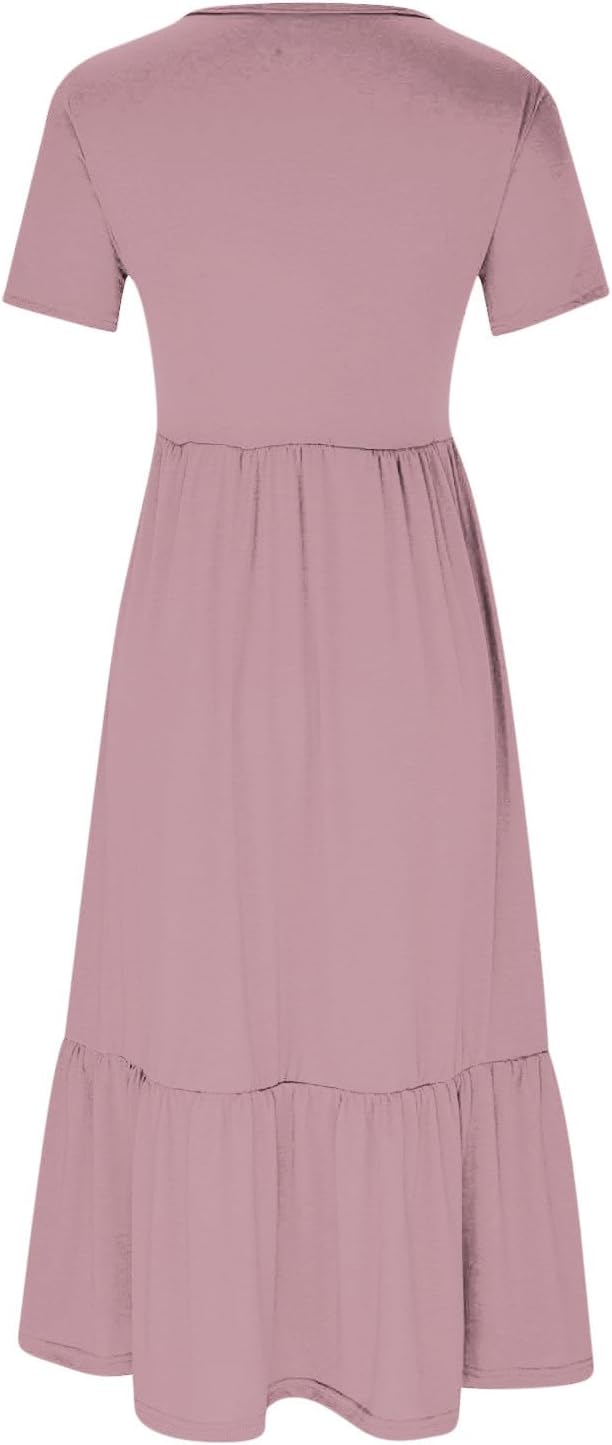 XUNRYAN Summer Dresses for Women 2024 Casual Calf Length Maxi Dress Pleated Flowy Tiered Swing Beach Sundress with Pockets