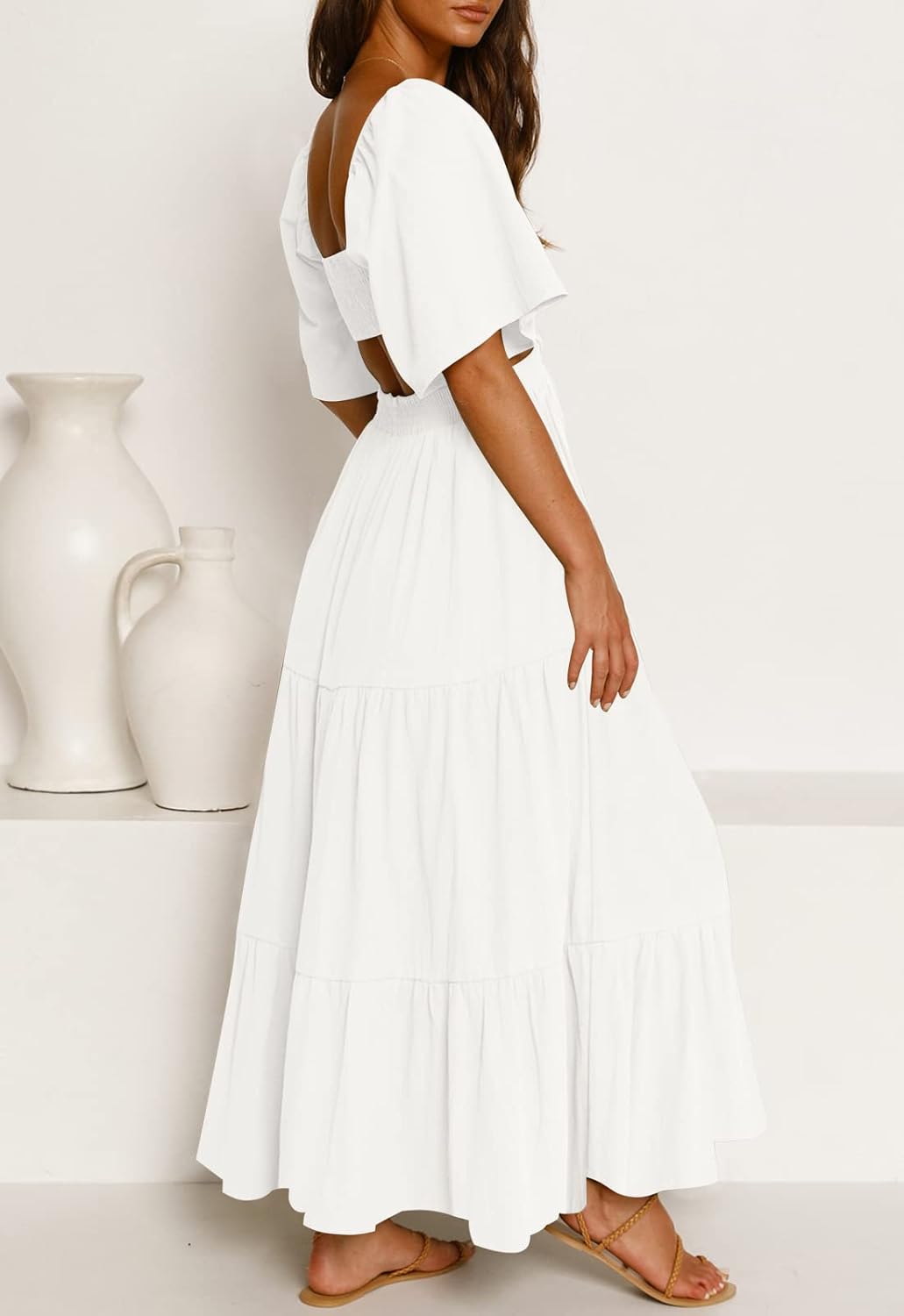 LEANI Women's 2025 Summer Cutout Maxi Dress Square Neck Short Sleeve Crossover Waist Casual Party Dresses