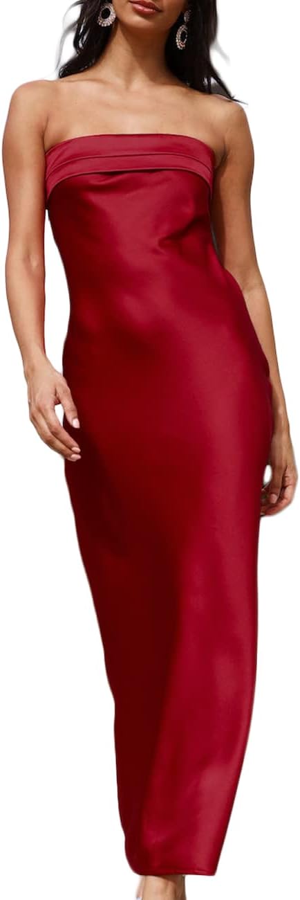 Realtix Satin Silk Backless Tube Tops Maxi Dress for Women Low Back Hollow Out Elegant Strapless Long Dresses Wedding Guest