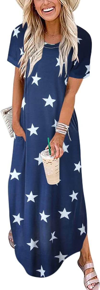 ANRABESS Women's Summer Casual Loose Short Sleeve Long T Shirt Dress Split Maxi Beach Sundress Travel Vacation Outfits