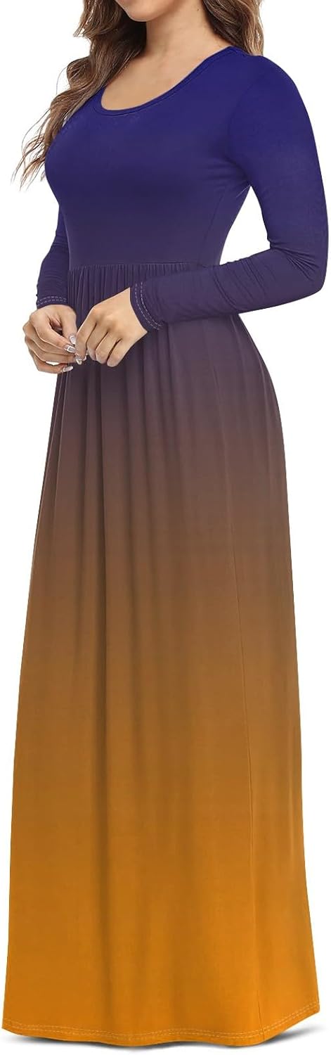 Long Sleeve Maxi Dress for Women Elegant Crew Neck Flowy Swing Dresses Solid Color Wedding Guest Dresses