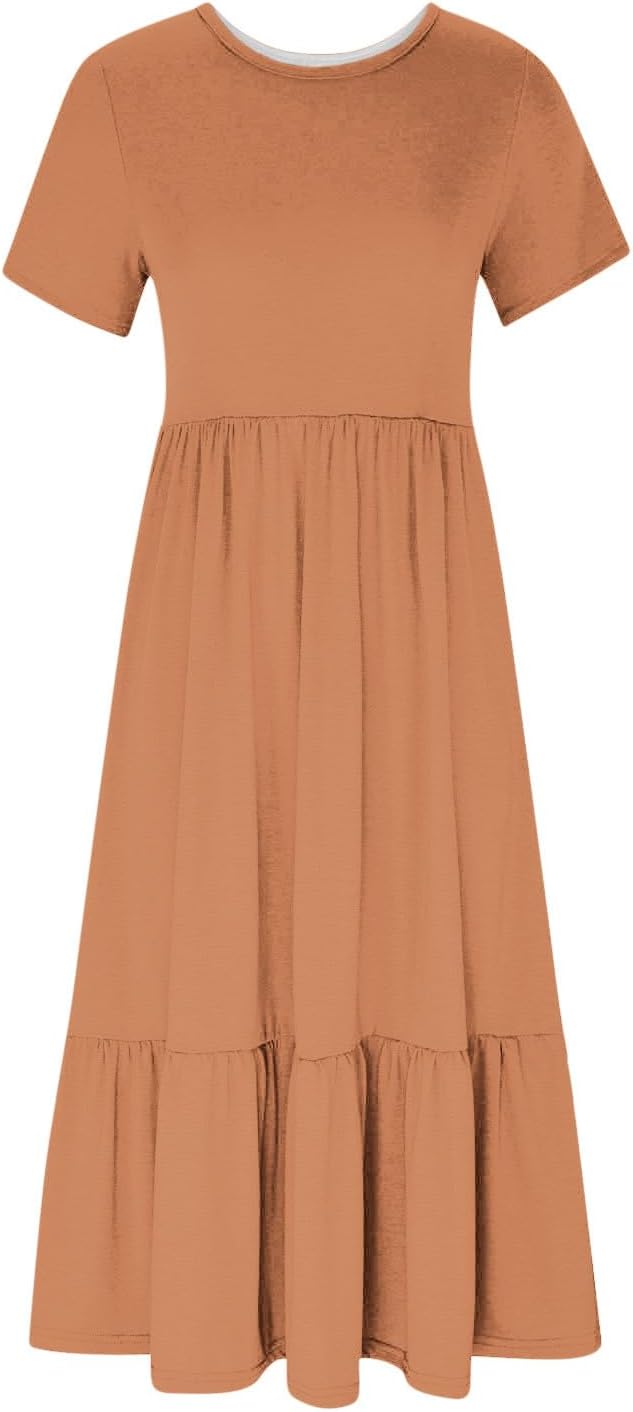 XUNRYAN Summer Dresses for Women 2024 Casual Calf Length Maxi Dress Pleated Flowy Tiered Swing Beach Sundress with Pockets